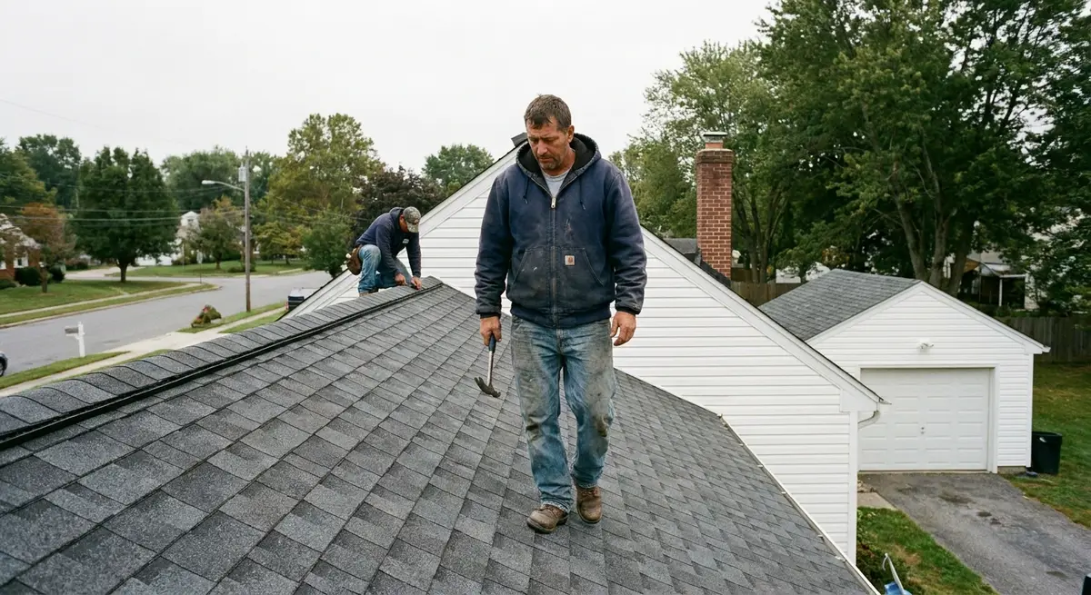 Roof crew at work on a single-story home in Dover, DE