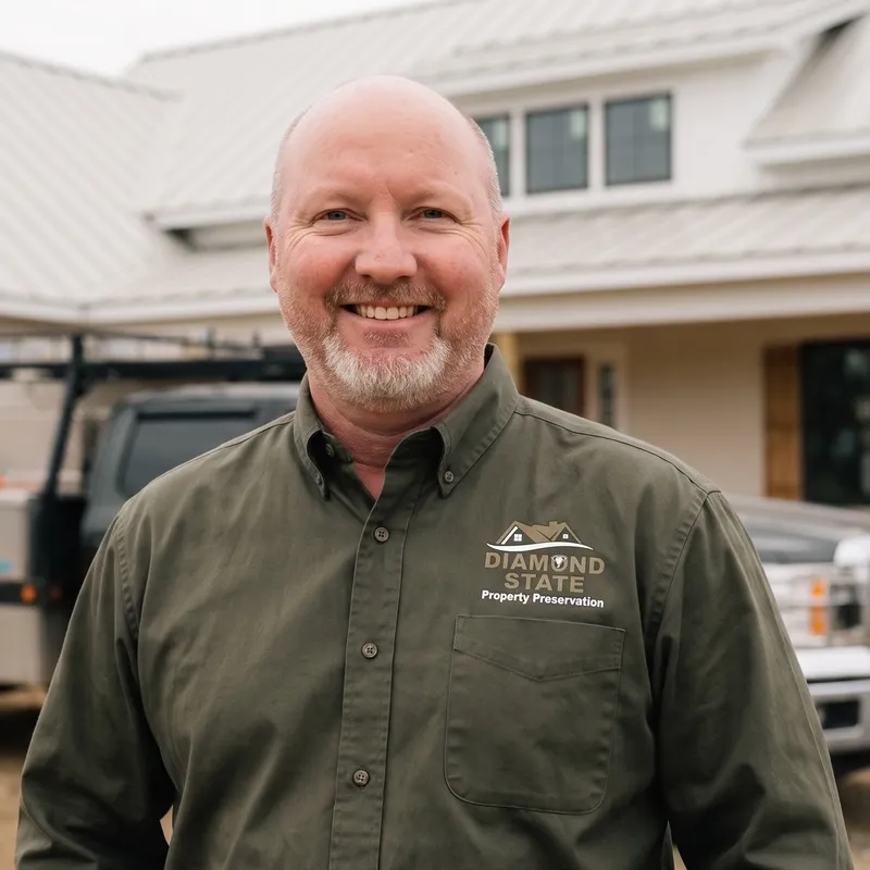 Jim Moody — owner and founder of Diamond State Property Preservation, in front of a Delaware job site