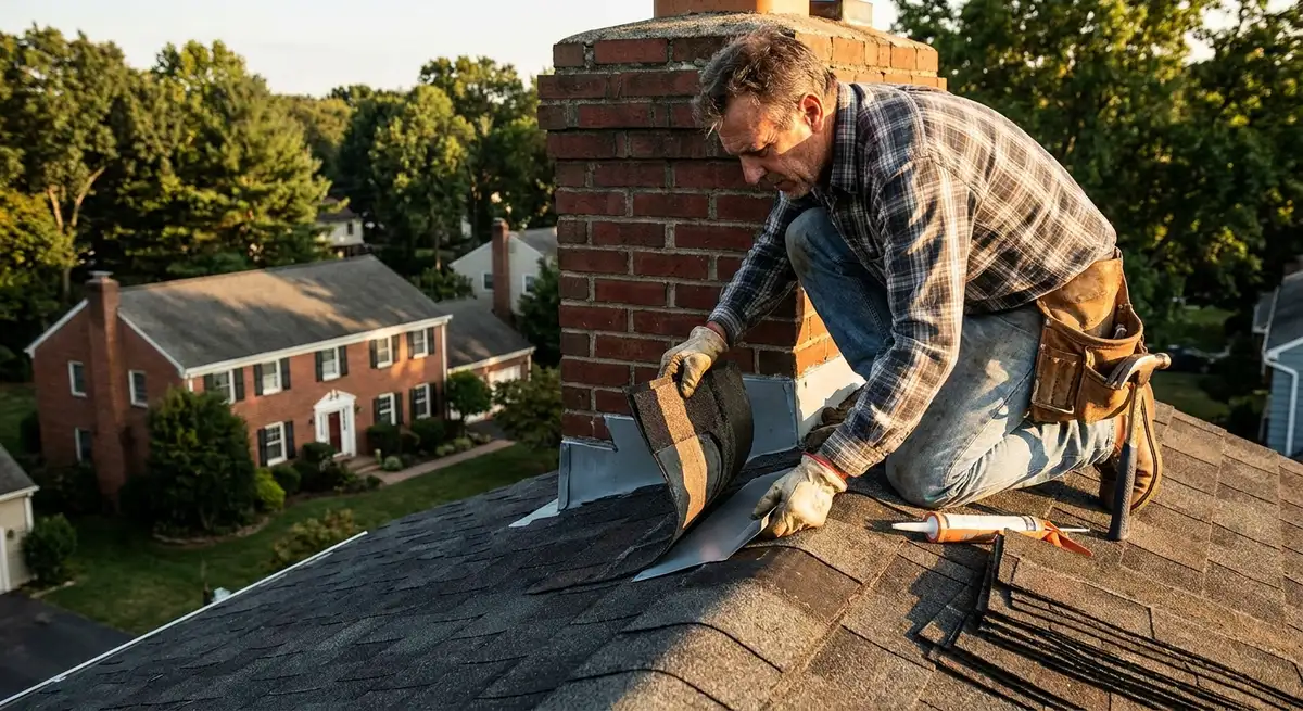 Roofing contractor performing targeted shingle and flashing repair in Delaware