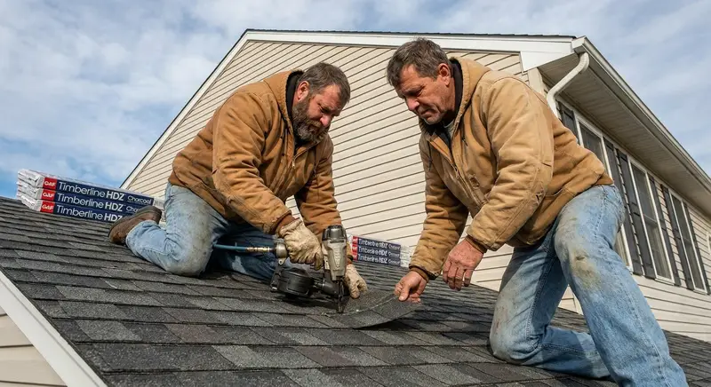 Roofing crew installing GAF Timberline HDZ asphalt shingles on a Delaware home